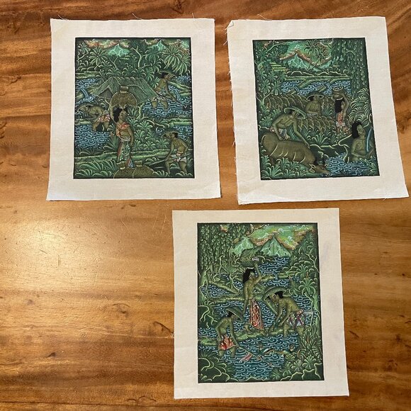Balinese Tapestry Lot 3 Rice Field Bali Landscape Indonesian - Picture 1 of 4
